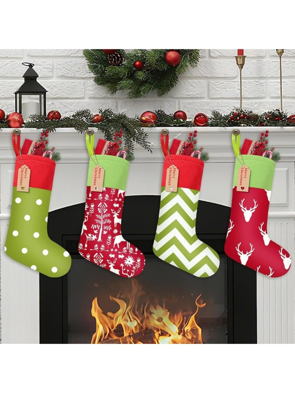 4 Pack Large Plush Christmas Stockings 18” Red Green Elf Decor with Name Tags